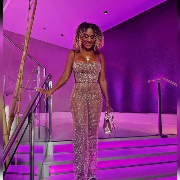 Sexy Straps Perspective Mesh Crystal Diamond jumpsuit Women Apricot Sleeveless - Picture 7 of 7